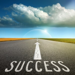 Empty asphalt road towards cloud and signs symbolizing success a